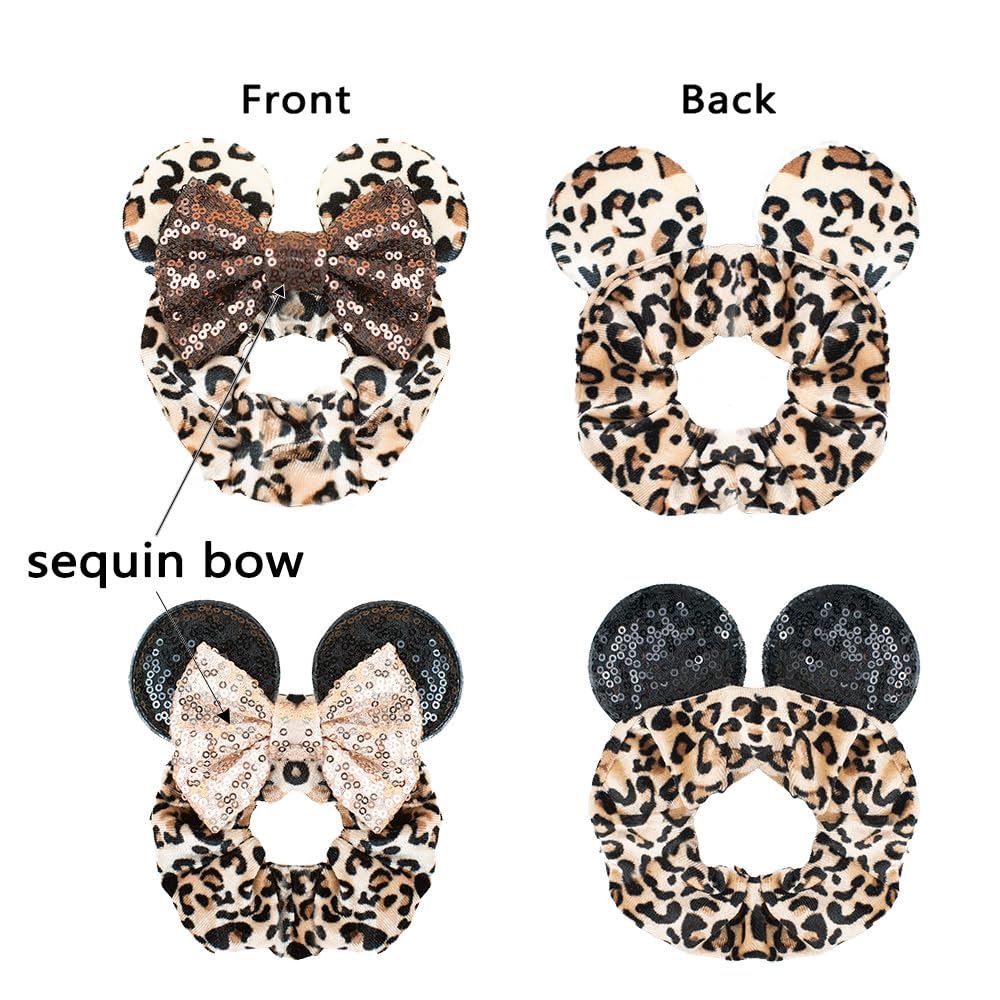 JIAHANG Velvet Cheeath Mouse Ear Hair Scrunchies, Leopard Print Costume Sequins Bow Ponytail Holder Elastic Hair Tie 4 Pack for Girls Women (leopard set)