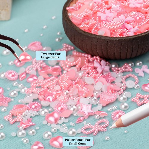 600Pcs 3D Multi Shapes Nail Charms and Flatback Pearls, Pink&White Mix Styles Heart Star Bow Sunflower Embellishments for Nail Art, Craft and Decoration with Glue Gel, Tweezer and Pickup Pencil