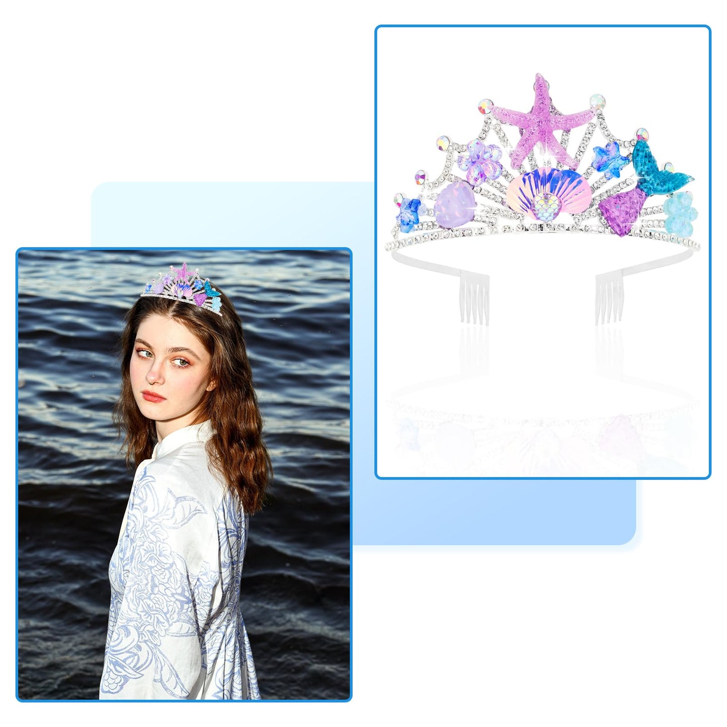 GAFATORY Mermaid Tiara for Women with Comb Mermaid Crown Adult Mermaid Mermaid Headband Hair Accessories Costume women Mermaid Birthday Purple Blue Pink Tiaras Starfish