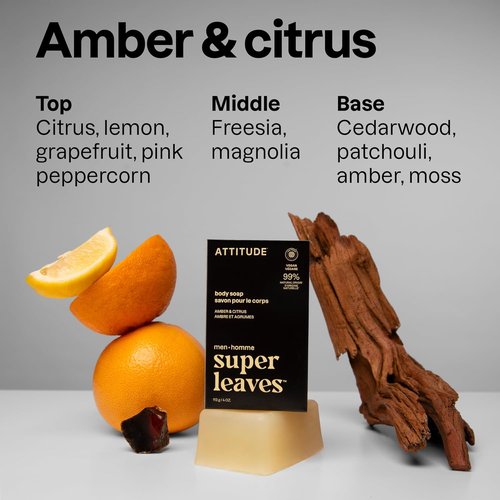 ATTITUDE Bar Soap | Natural Body Wash for Men with Avocado Oil | EWG Verified, Amber & Citrus, 4 Oz