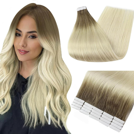 Full Shine Tape in Hair Extensions 12 Inch Seamless Short Natural Hair Extensions Tape in Balayage Color 8 Ash Brown to 60 Blonde Tape in Real Human Hair Extensions Add Volume 20 Pcs 30 Grams