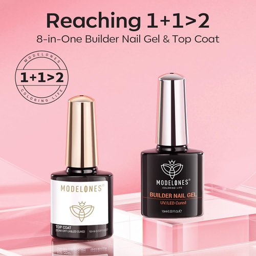 modelones Builder Nail Gel with Gel Top Coat, 8-In-One Nude Pink Builder Acid Free Top Coat for Color Rubber Base Nail Polish Thickening Apex Building Shine Finish, LED Lamp Cured 10ml Home DIY Salon