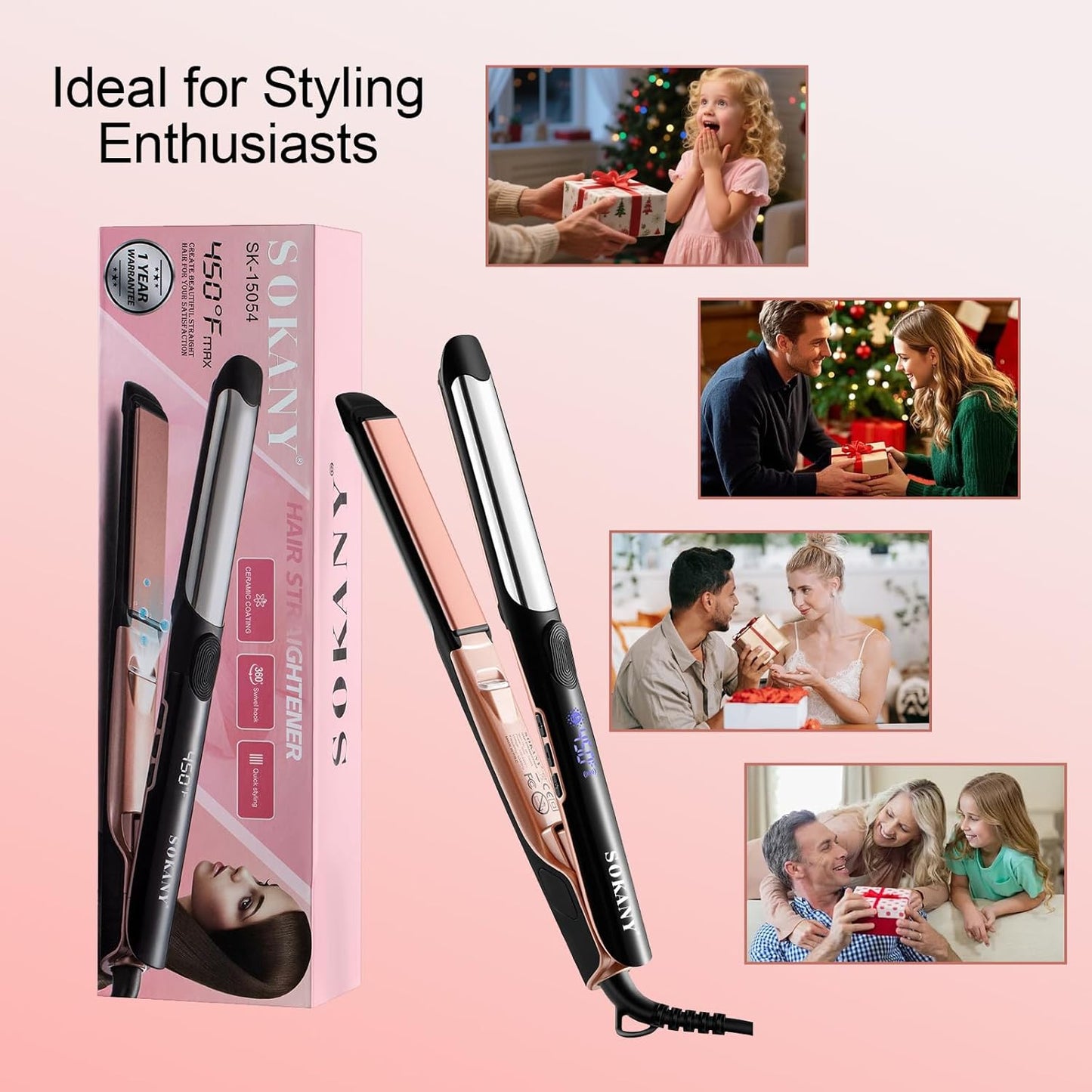 SOKANY 2-in-1 Hair Straightener & Curler - Titanium Ceramic Plates, Dual Voltage, 8 Temp Settings