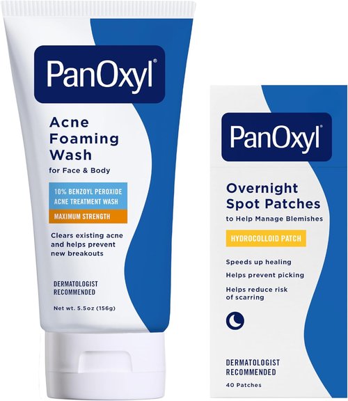 PanOxyl Acne Foaming Wash & PM Overnight Spot Patches - 10% Benzoyl Peroxide Duo Bundle