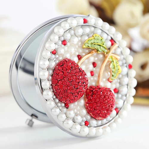 Amanman Cute Compact Mirror Cherry Small Mirror Girl's Gift Travel Mirror 1x/2x Magnification Travel Makeup Mirror (Cherry)