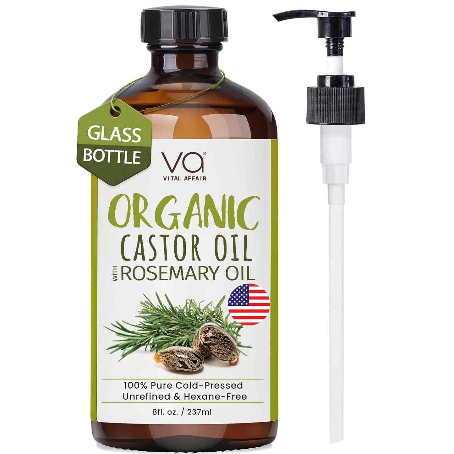 VITAL AFFAIR Organic Castor Oil - 100% Pure Rosemary Hair Growth Oil in 8 Fl Oz Glass Bottle | Strengthens & Volumizes