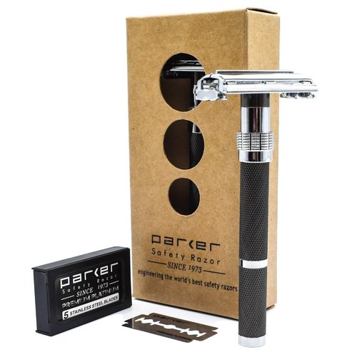 Parker 96R Graphite Gray Butterfly Safety Razor - Long Handle with 5 Premium Blades Included