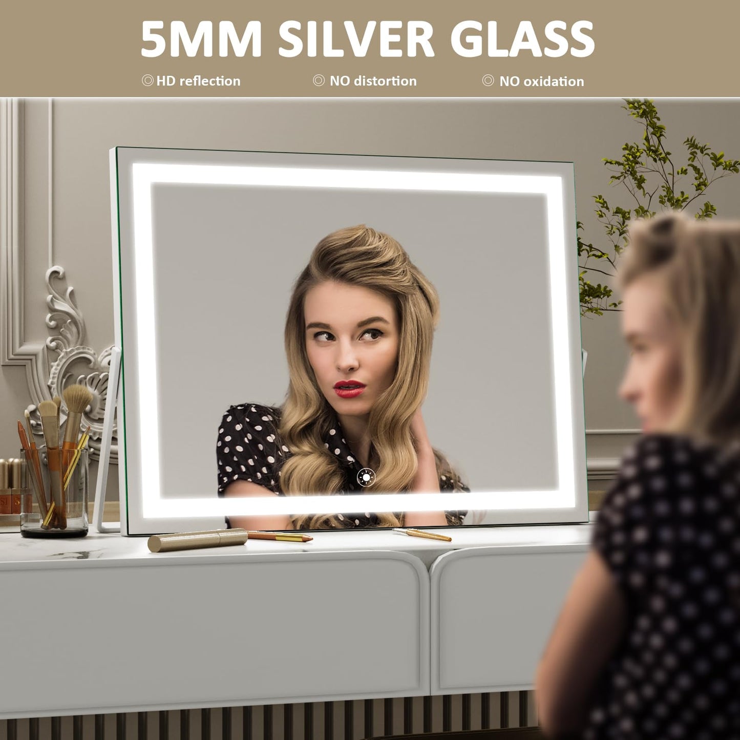 Gvnkvn Ligheted Vanity Mirror with Lights, 14" x 10" LED Makeup Mirror, 3 Modes Light, Smart Touch Control Dimmable, 360°Rotation, Rectangle White Frame