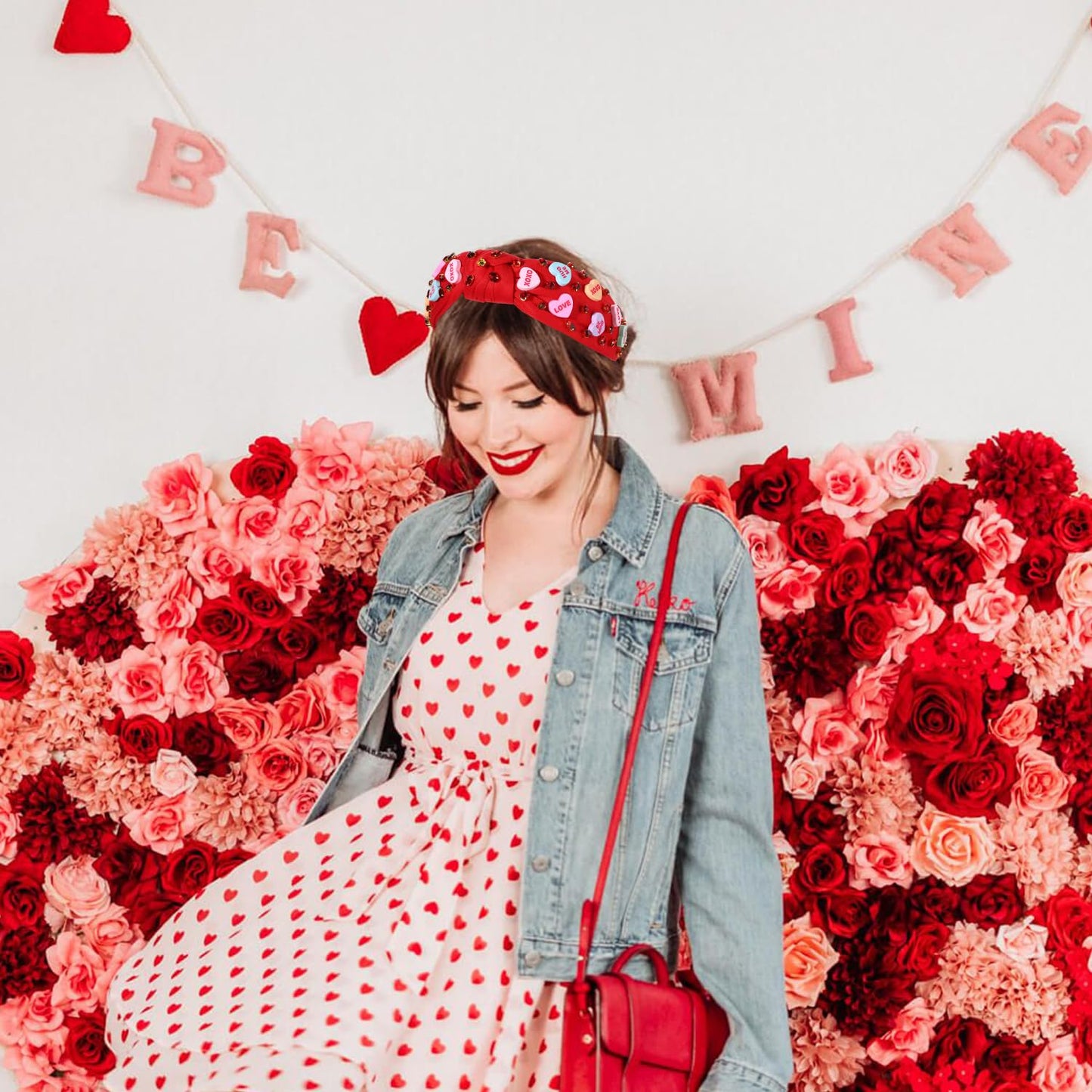 NVENF Women's Jeweled Crystal Rhinestone Knotted Heart Top Knot Hair Accessories (Letter 1 - Red)