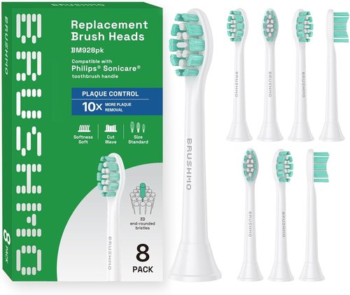 Brushmo Replacement Toothbrush Heads - Soft Dupont Bristles for Philips Sonicare | 8 Standard Heads, White