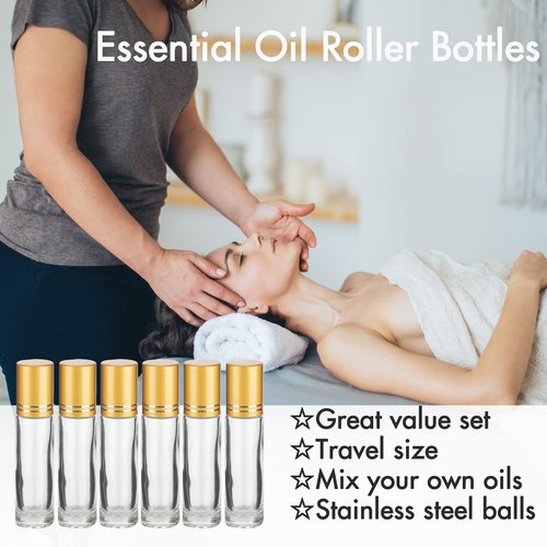 6 Pack Essential Oil Roller Bottles - 10ml Clear Glass with Stainless Steel Roller Balls, Includes Labels, Openers, Funnels, Dropper