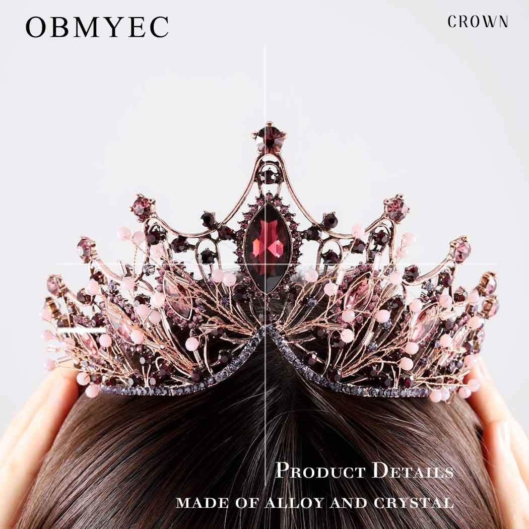 Obmyec Crystal Baroque Crown Rhinestone Purple Tiaras Earring Headpieces Halloween Hair Accessories Party Bridal Head Crowns for Women