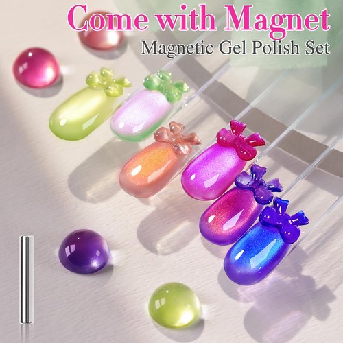 Double Rhythm Fruit Cat Eye Gel Nail Polish Set of 6 Same Color Same Bottle 0.5 Oz Shimmer Glitter with Magnet Holographic Reflective Magnetic UV Polish Kit at Home (Glass Rose Pink Green-T6-48)