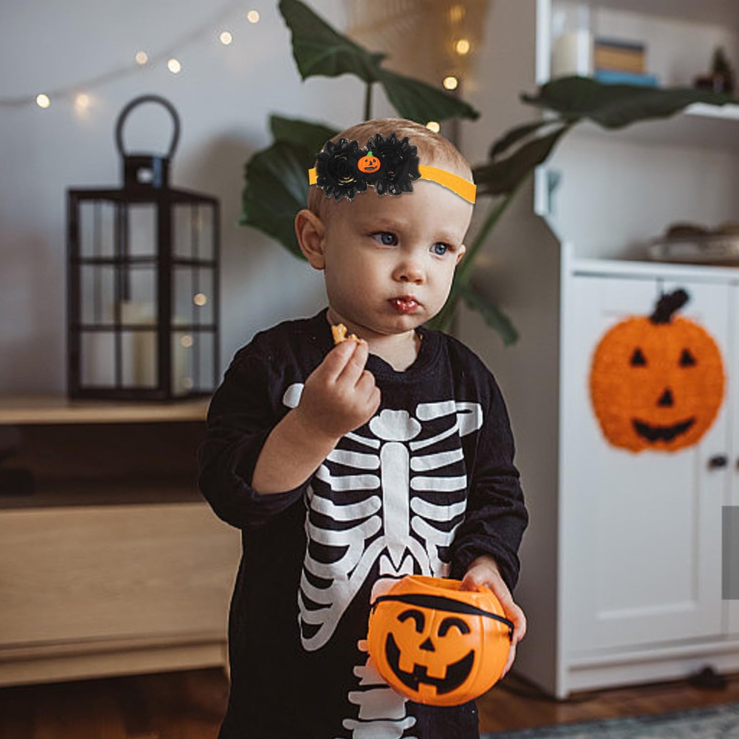 Halloween Baby Girl Headbands,2Pcs Black Orange Flower Pumpkin Elastic Halloween Bow Headband Stretchy Cotton Lace Toddler Hair Band Halloween Baby Hair Accessories for Newborns Infants Toddlers Kids