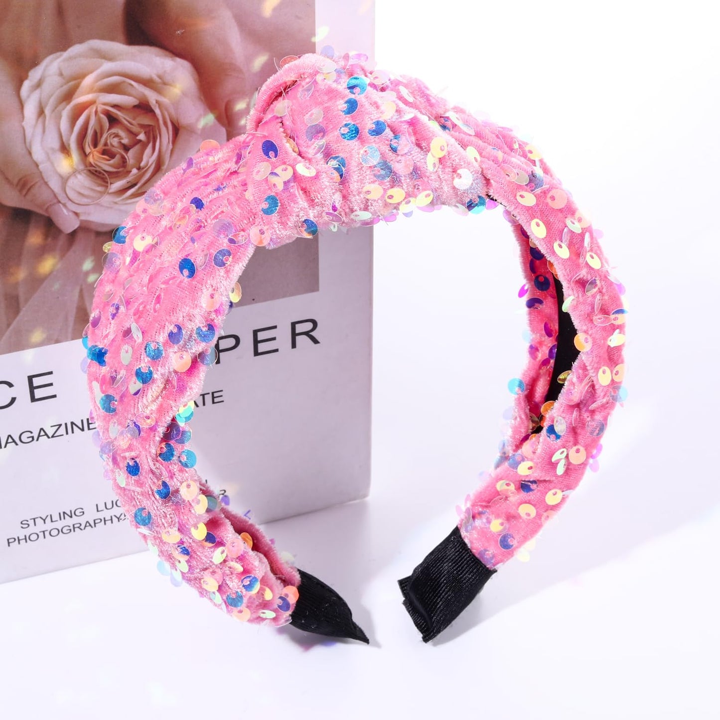 HEIDKRUEGER Knotted Sequins Headbands Soft Twist Hairband Bar Stage Sing Dance Party Headband Sparkle Glitter Hair Accessories for Women and Girls (Pink)