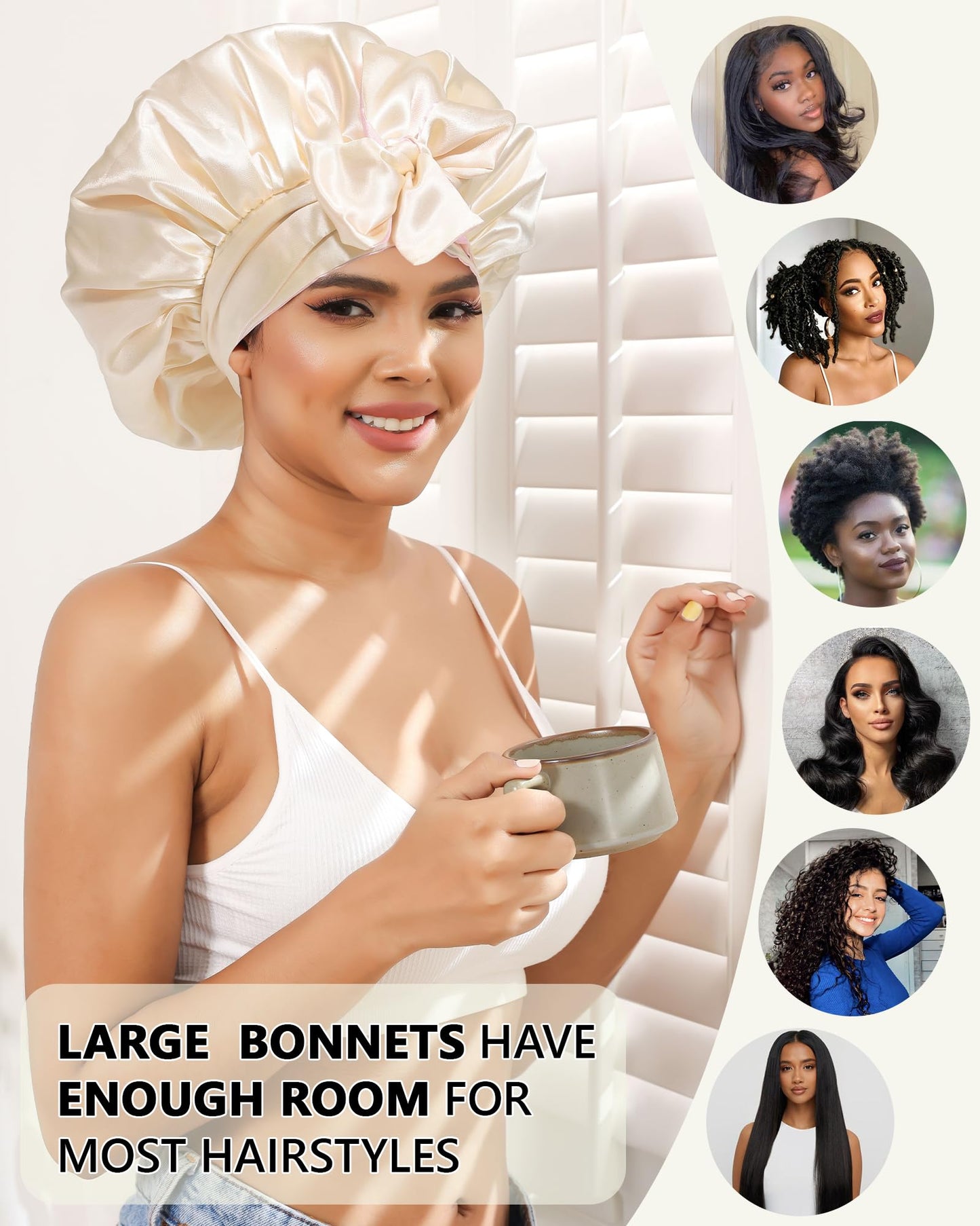 Satin Bonnet Silk Hair Bonnets for Women Curly Hair Wrap for Sleeping Cap Reversible Bonnet with Tie Band Night Cap Double Layer Sleep Cap for Curly Hair (Champagne +Pink)