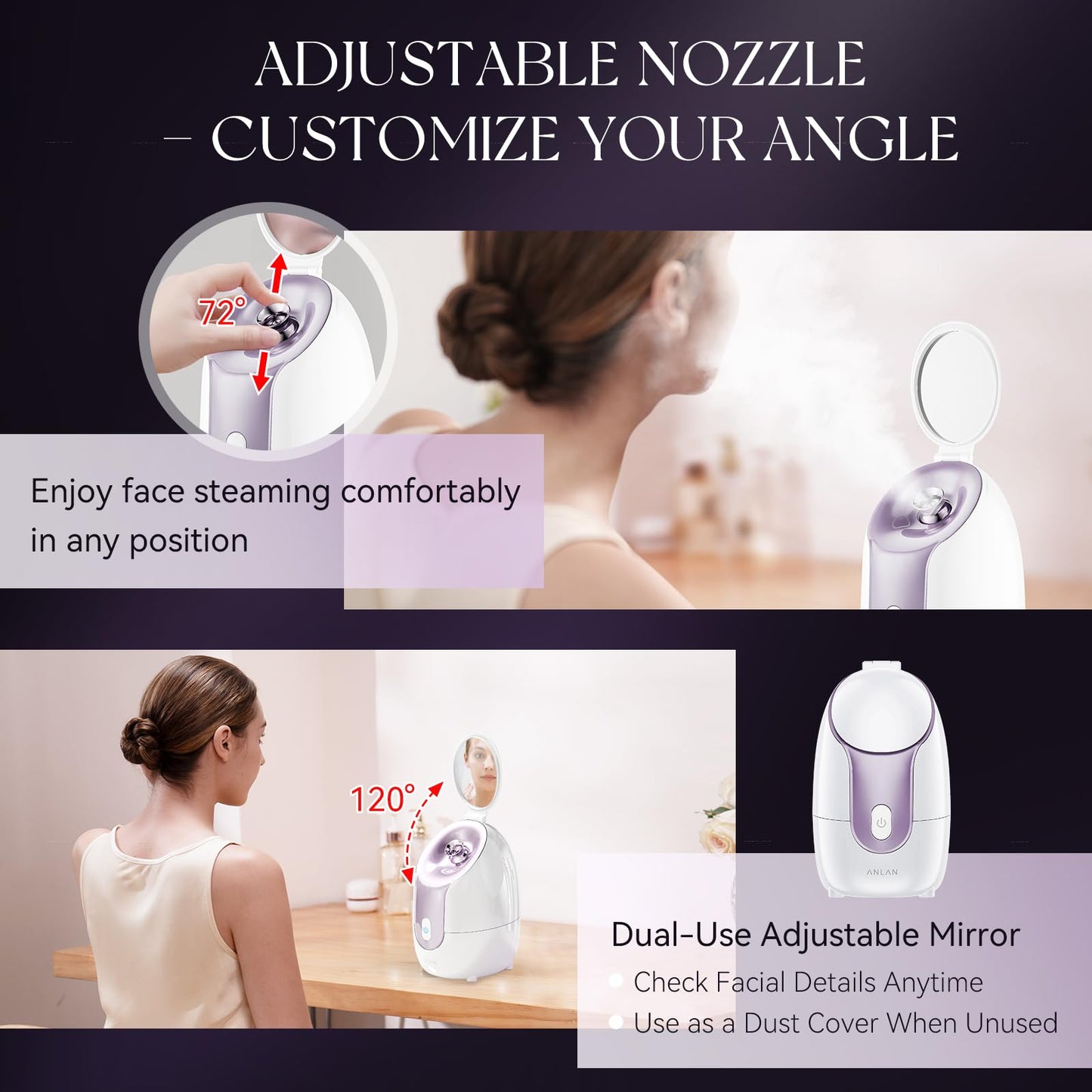 Nano Ionic Facial Steamer with Makeup Mirror, Instant Mist in 30s, 7ml/Min High Mist Output, Built-in Adjustable Nozzle, 145ml Large Tank for 20 Minutes of Continuous Deep Cleaning & Blackhead Removal