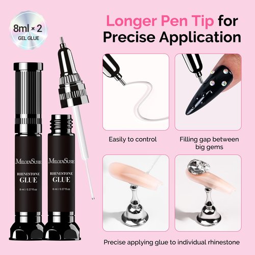 MelodySusie 2Pcs Nail Rhinestone Glue, 3D Gel Nail Art Design Strong Adhesive Nail Gem Glue with Brush Pinpoint Nail Charms Gems Jewelry Decoration DIY Manicured at Home Cured Need