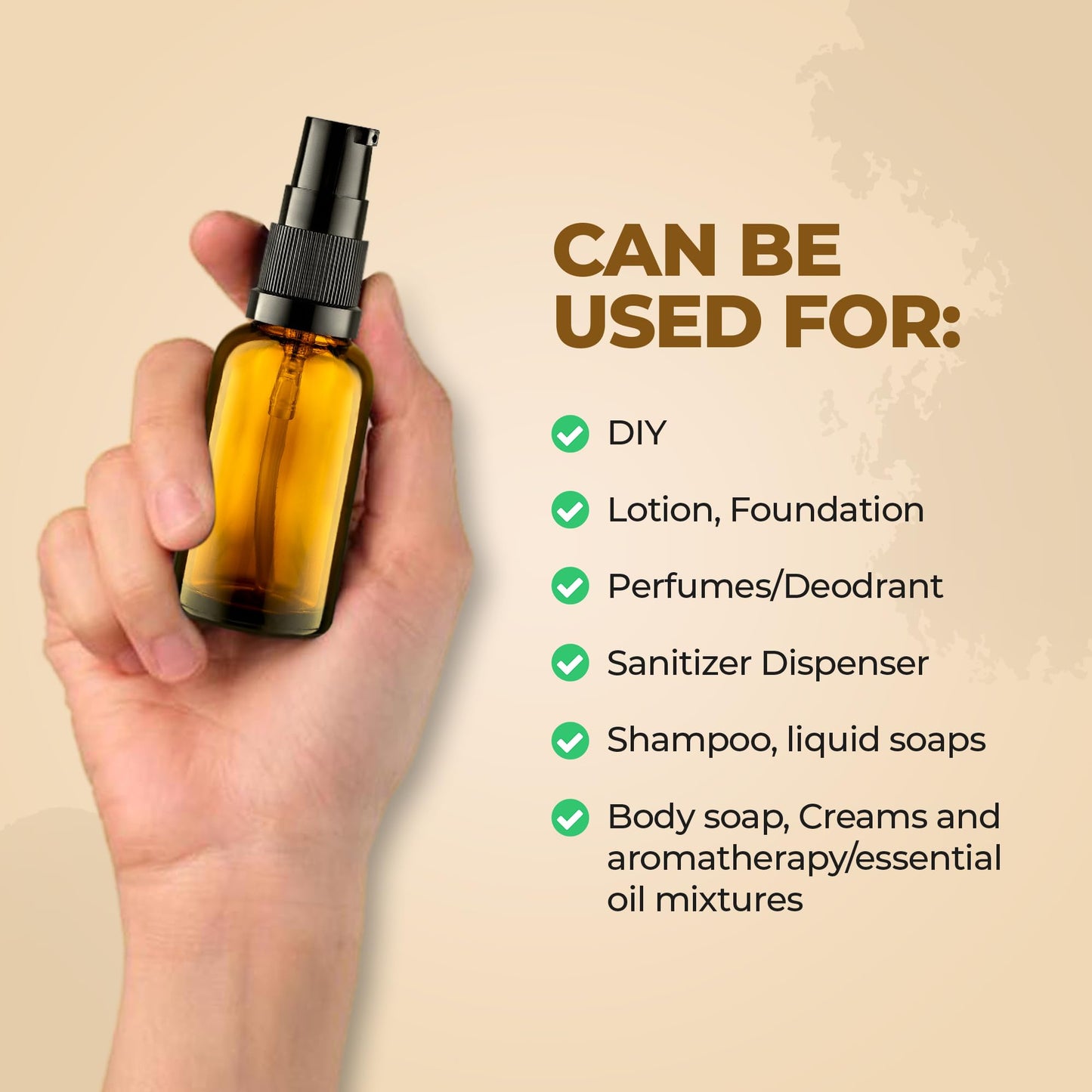 VitalUp 3 Pack Empty Refillable Glass Amber Pump Bottle Ideal for Lotion Cream Essential Oil Travel Small Container, 30ml