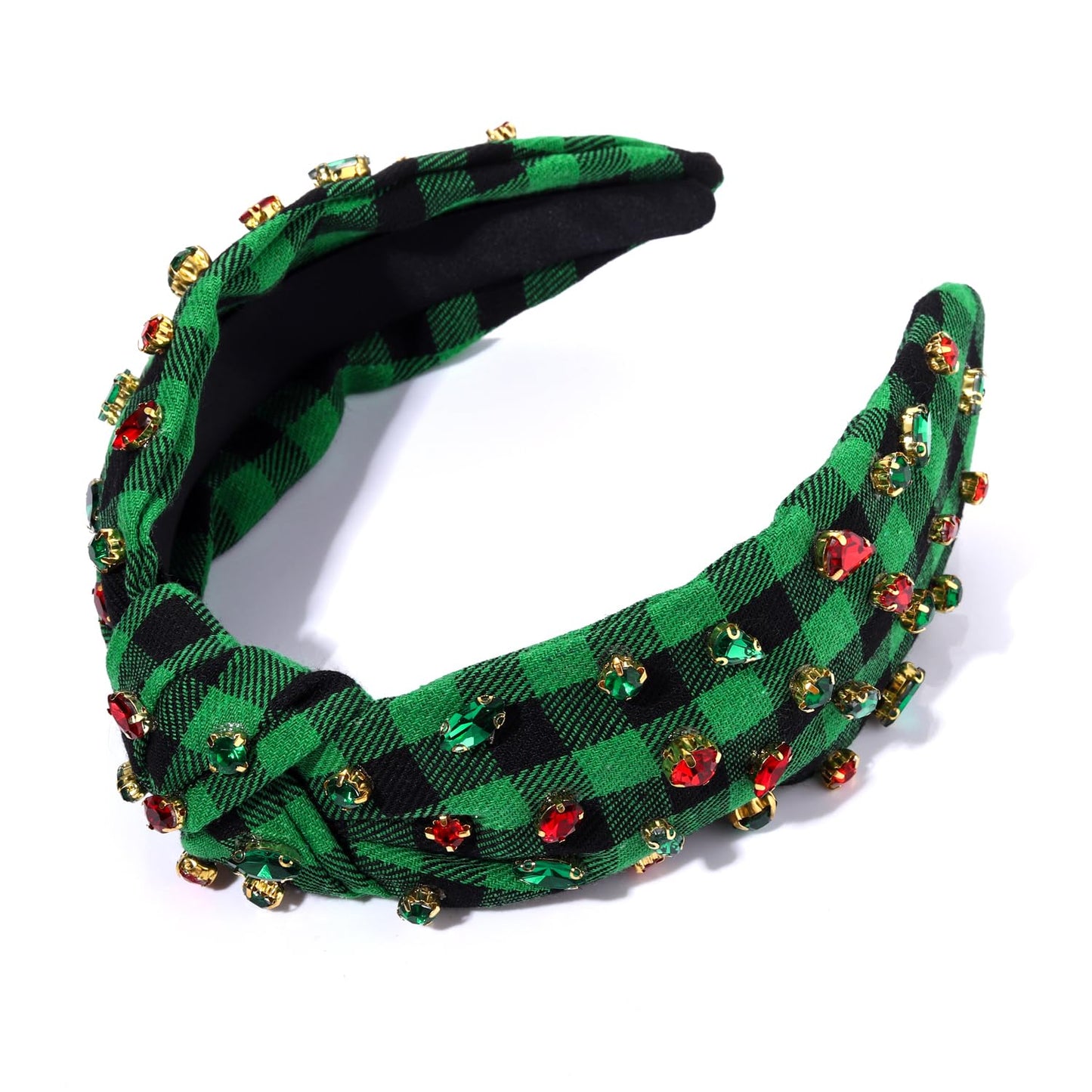 Christmas Holiday Headband for Women Rhinestone Crystal Knotted Headband Embellished Red Green Plaid Top Knot Headband Christmas Hair Accessories Holiday Outfits Festive Party Gifts (Christmas 2)