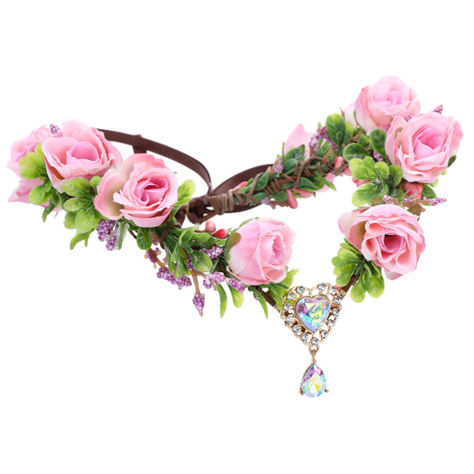 RENEMEGO Pink Rose Fairy Crown - Handmade Floral Crown Elf Floral Headband with Heart Crystal Elven Leaf Headpiece Hair Wreath for Women Girls Wedding Cosplay Party Maternity Props Accessories