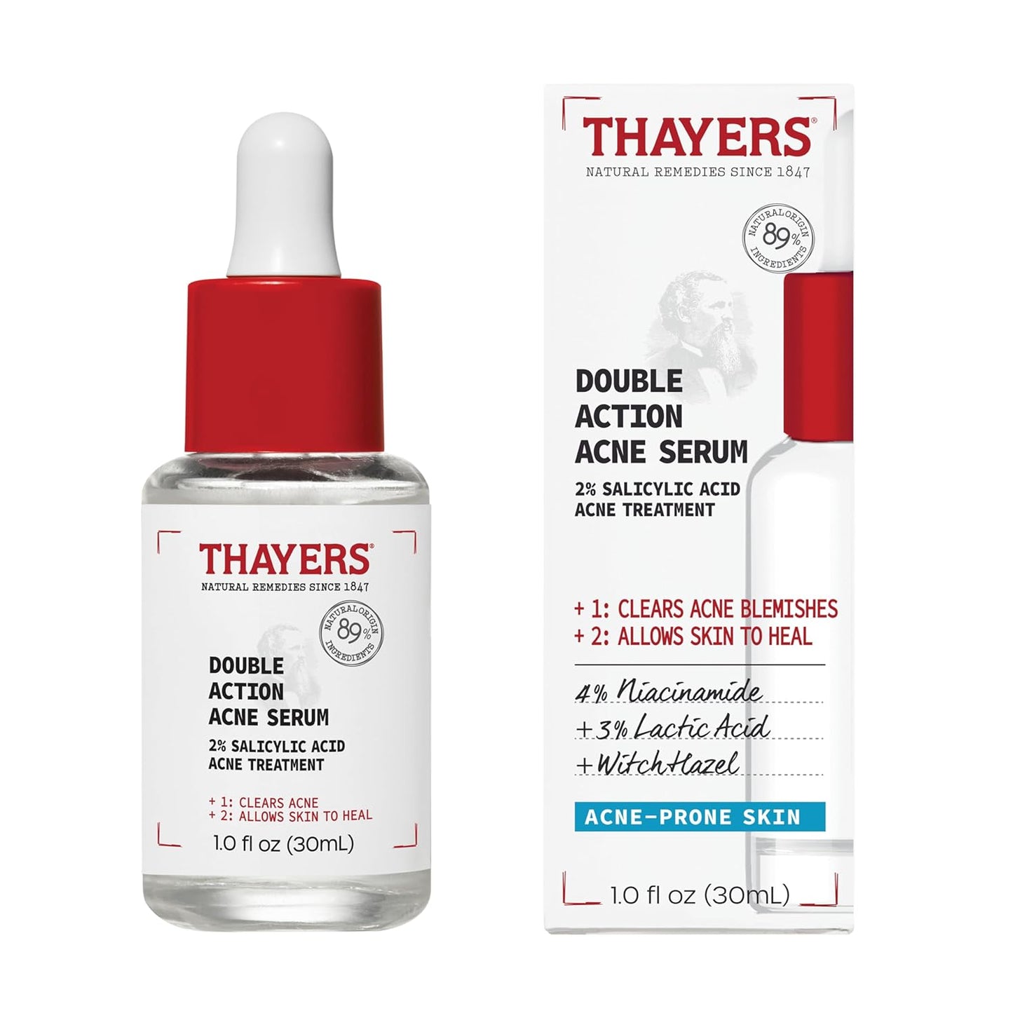 Thayers Double Action Acne Serum - 2% Salicylic Acid & Niacinamide for Soothing Skin | 1 Fl Oz