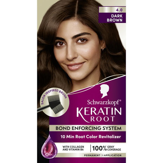 Schwarzkopf Keratin Root Permanent Hair Color Kit, 4.0 Dark Brown, 1-Application Root Touch-Up with Collagen & Vitamin B6, Complete Gray Coverage, Precision Brush, All Hair Types & Textures