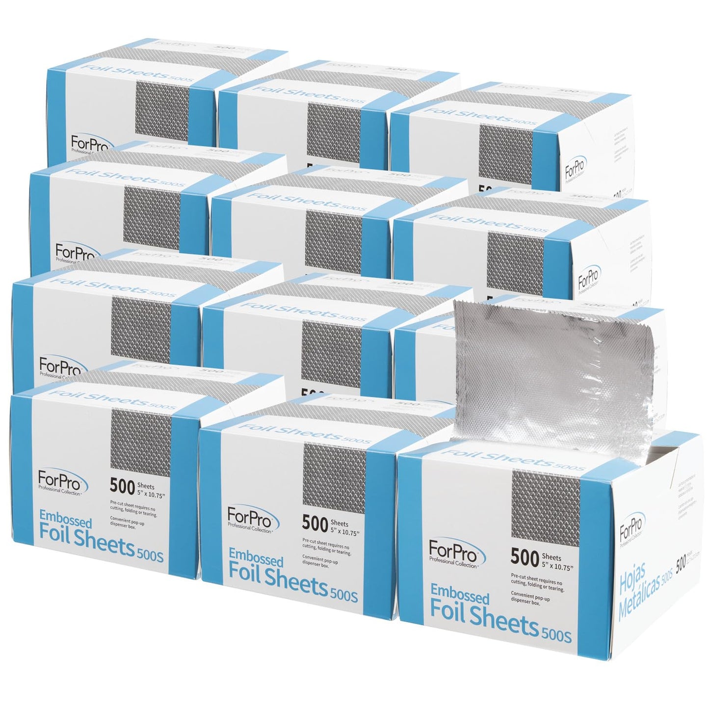ForPro Professional Collection Embossed Foil Sheets 500S, Aluminum Foil, Pop-Up Dispenser, for Hair Color Application and Highlighting Services, Food Safe, 5” W x 10.75” L, 500-Count (Pack of 12)