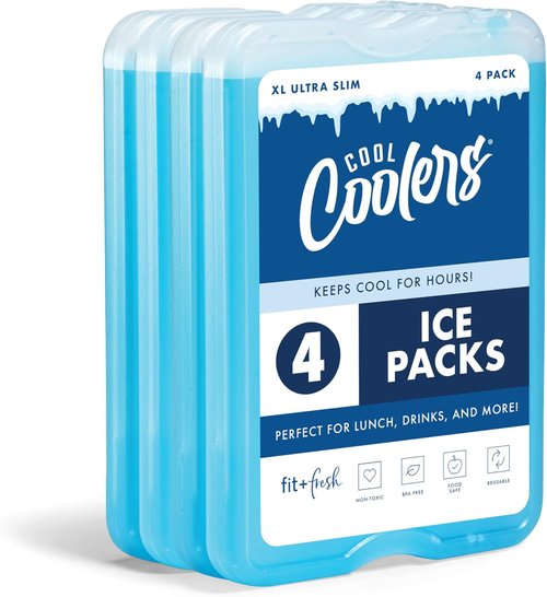 Fit & Fresh Cool Coolers | 4 Pack XL Slim Ice Packs - Quick Freeze, Space-Saving Design, Blue