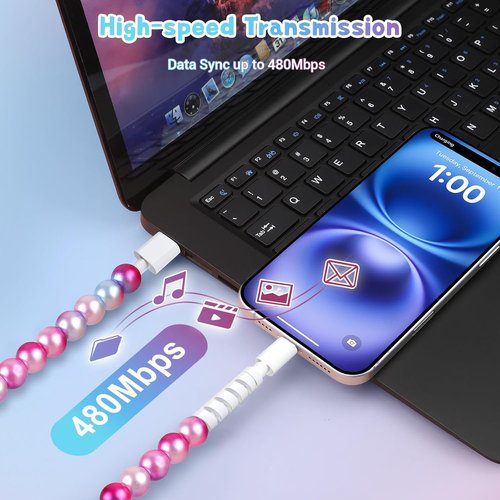 Aolcev USB C Charging Cable - 3.3FT Cute Beaded Design | 66W Fast Charger for iPhone 17/16/15 Pro Max & Galaxy S25