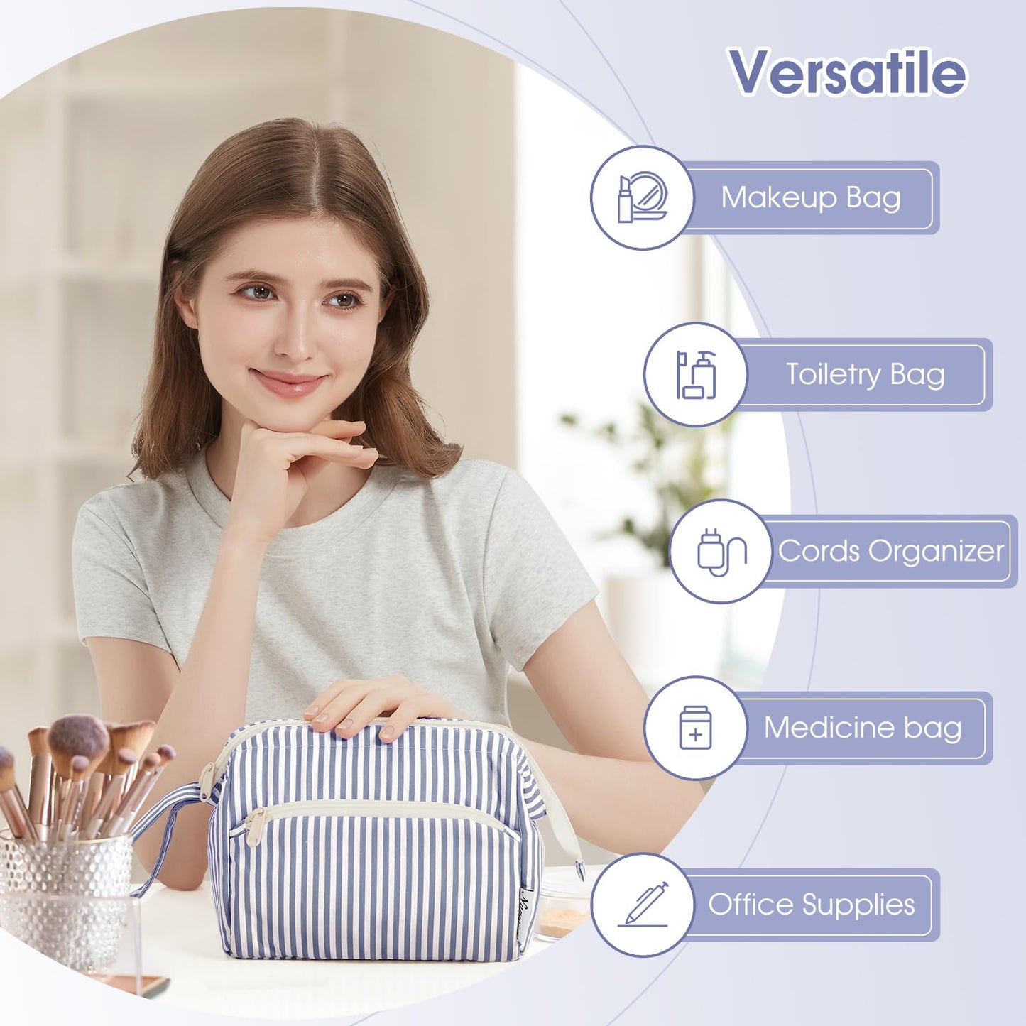 Narwey Striped Wide Open Makeup Bag Women, Travel Toiletry Bag for Women Cosmetic Bag Organizer Make up Bags with Compartments, Gift for Teen Girls (Greyish Blue Stripe)