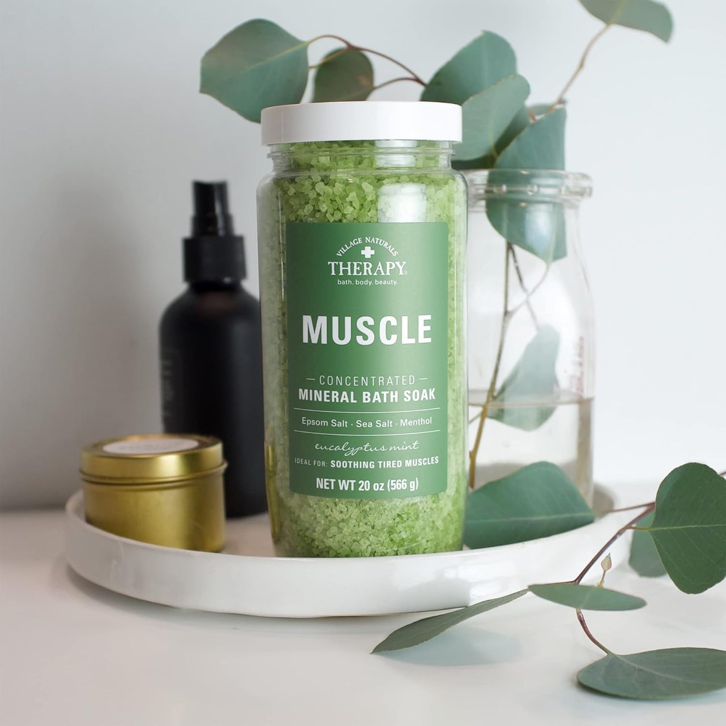 Village Naturals Therapy Muscle Mineral Bath Soak - Eucalyptus Mint Scent, 20 oz | Pack of 4
