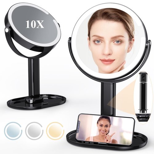 8" Lighted Makeup Mirror with Magnification, 1X/10X Magnifying Mirror with Light, Rechargeable Double Sided LED Vanity Mirror, 360° Rotation Light up Mirror 3 Colors Brightness Adjustable, Black