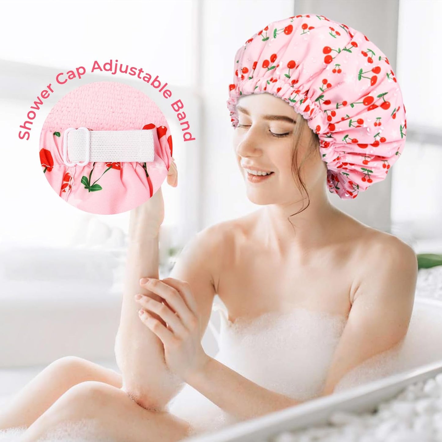 Skiennix Shower Cap - Waterproof Terry Lined Bath Cap for Long Thick Hair - Large Pink Size