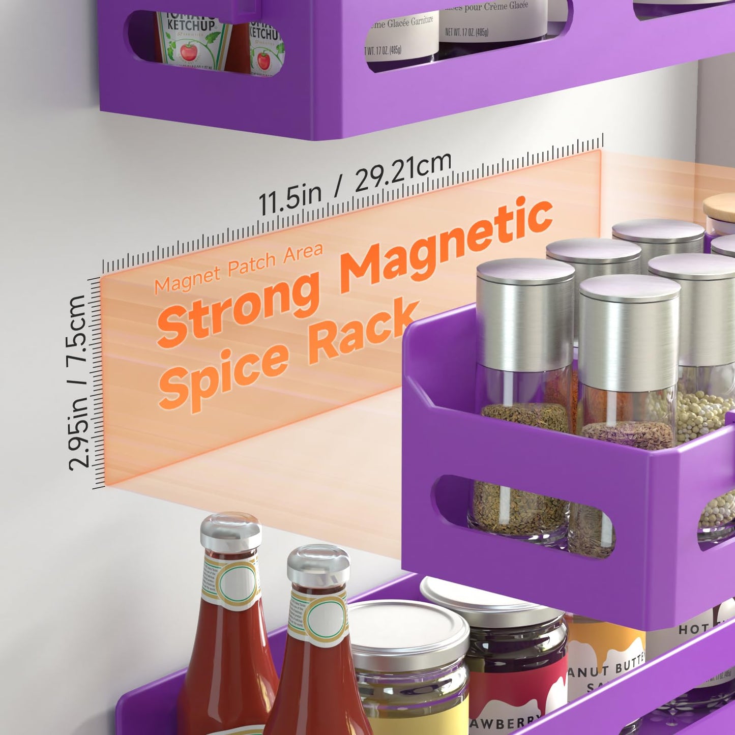 4 Pack Strong Magnetic Spice Rack for Refrigerator, Multipurpose Magnetic Shelf for Fridge with 4 Hooks for kitchen and Bathroom Organization, Black