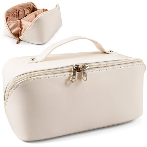Large Capacity Cosmetic Bag, Travel Cosmetic Storage Bag with Handle, Portable Zipper Cosmetic Bag Toiletry Bag Makeup Bag Large with Compartments for Women Girls (White)
