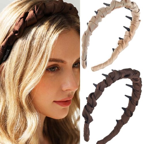 DANKORIER Non Slip Brown Headbands with Comb Pleated Hair Bands for Women 2 Pack (Beige)