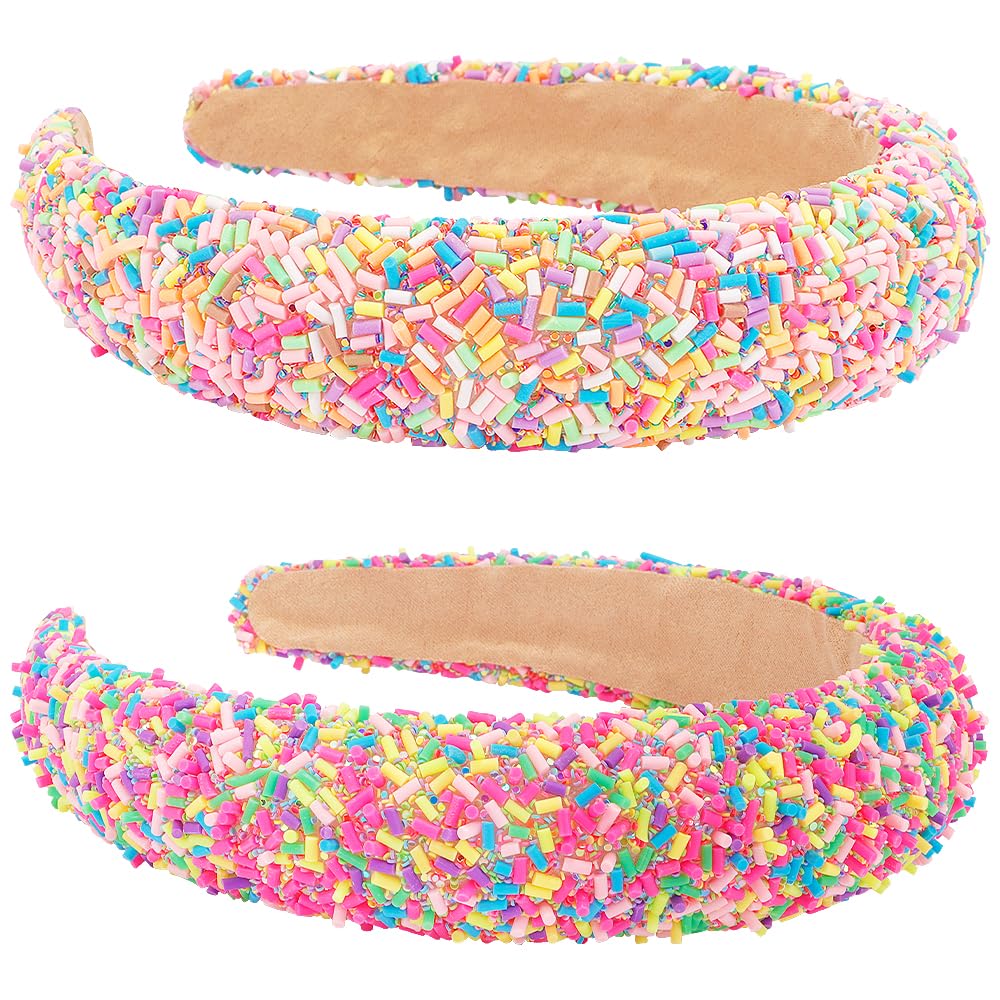 AHONEY 2 Pack Candy Headbands Girls Donut Headband Thick Padded Headband for Women Girls, Cute Headbands Sprinkles Wide Head Band Non Slip Glitter Birthday Hair Accessories for Girls (Pink&Hot pink)