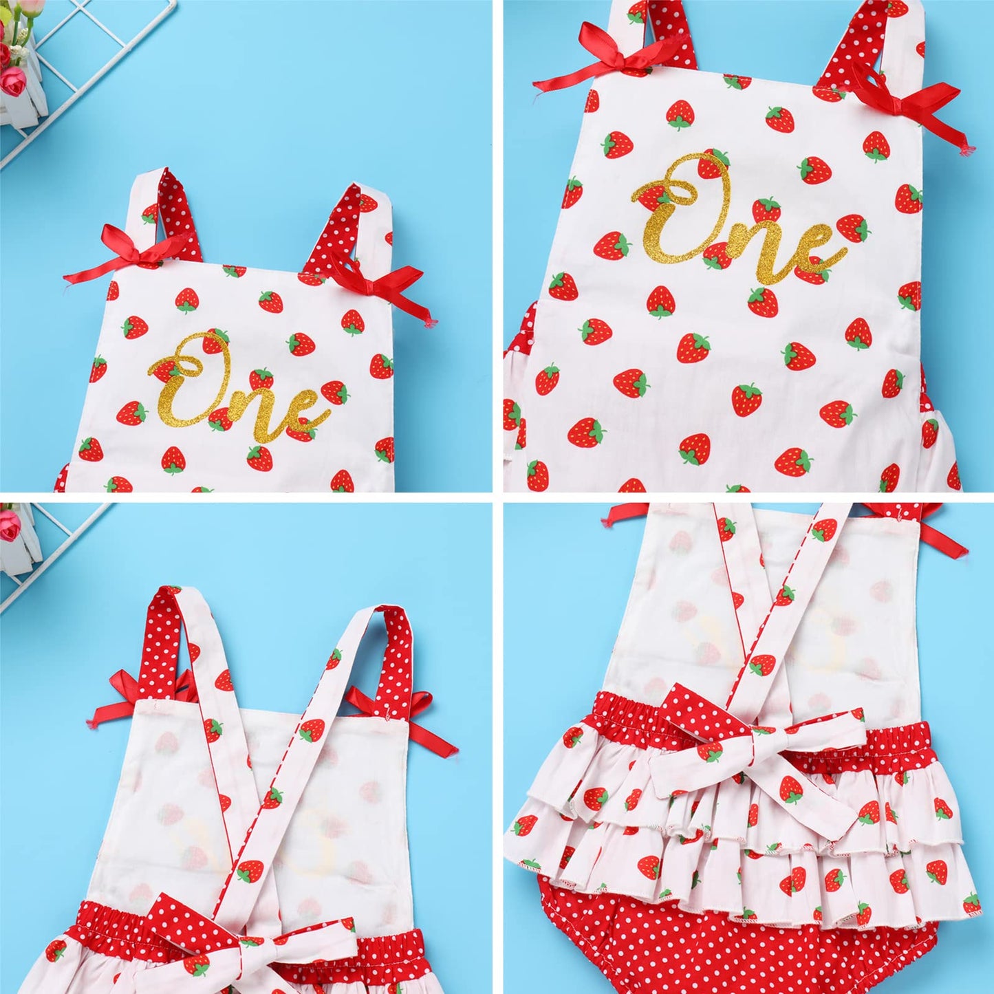 Infant Newborn Baby Girl Romper Toddler First Birthday Cake Smash Outfits Strawberry Polk Dot Print Bubble Romper Photography Outfits Easter First Communion Onesie Red-Strawberry (2PCS) 12-18 Months