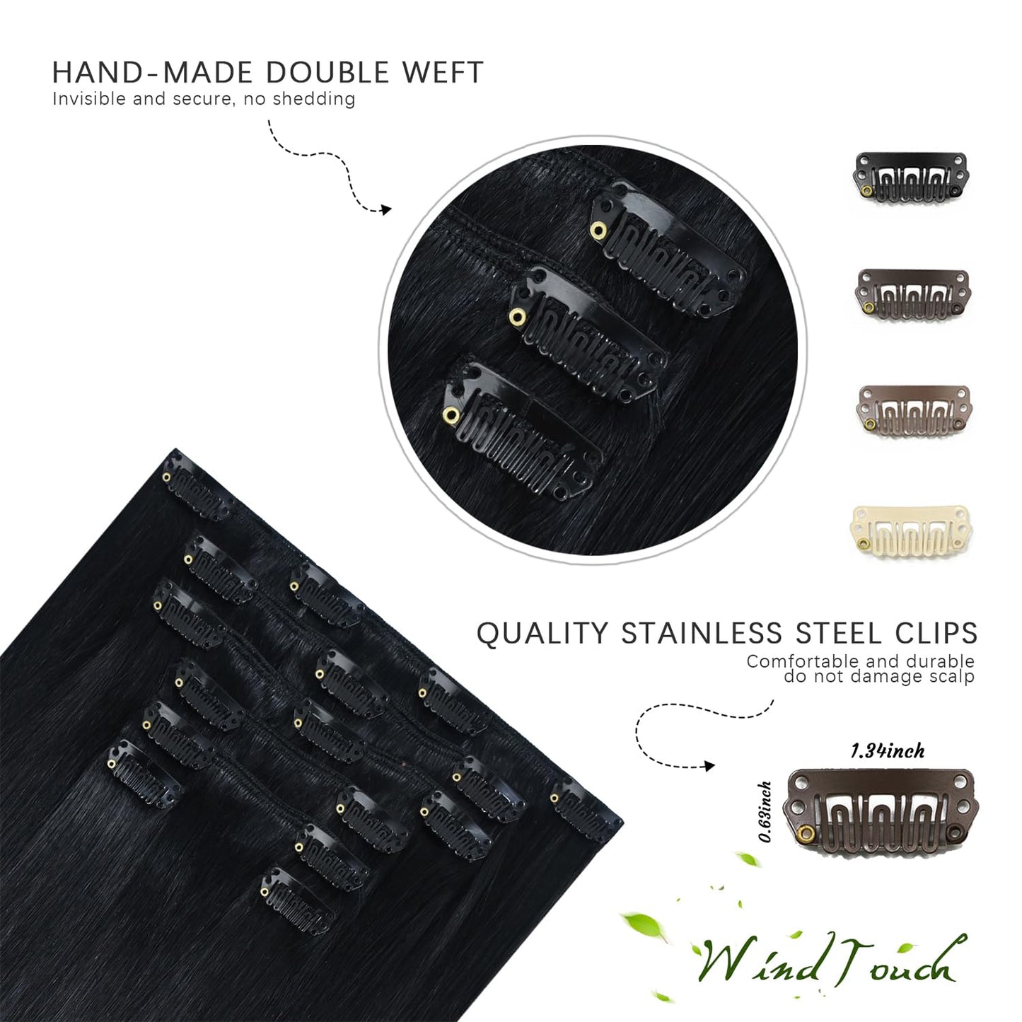 WindTouch Clip in Hair Extensions 100g Human Hair Extensions 7pcs 20inch #1 Jet Black Human Hair Extensions Clips Hair Extensions Real Human Hair