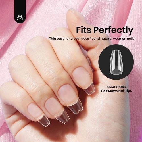 Beetles Gel Nail Tips Short Coffin 576 PCS Half Matte Pre-shape Short Fake Nails 12 Sizes Full Cover Acrylic False Nails Extension DIY Manicure Gifts for Women