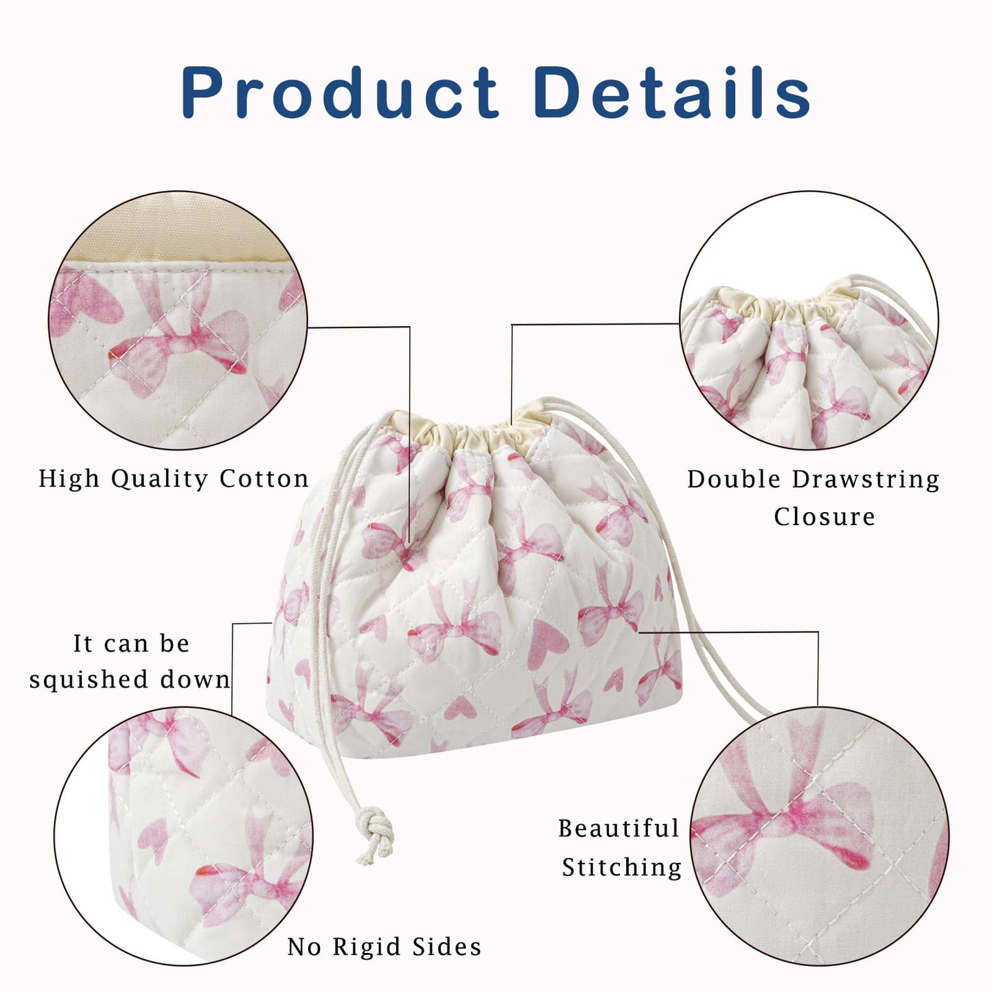 Cotton Quilted Drawstring Makeup Bag with Canvas Lining,Coquette Aesthetic Cute Travel Toiletry Bag,Drawstring Gift Bag for Women and Girls（14Heart Bow）