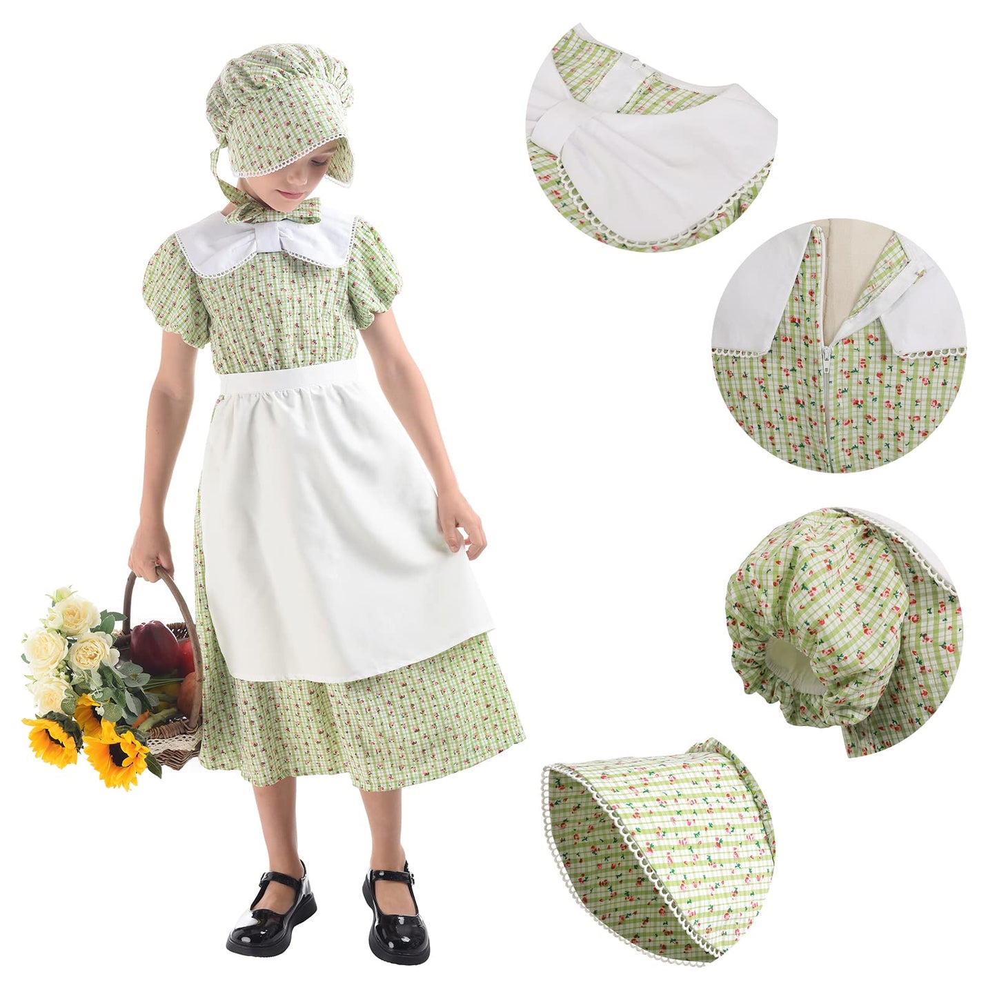 LTAKK Prairie Dresses Girls Pioneer Colonial Costume Girl Pilgrim Dress with Apron and Bonnet, Green Plaid Floral, Large