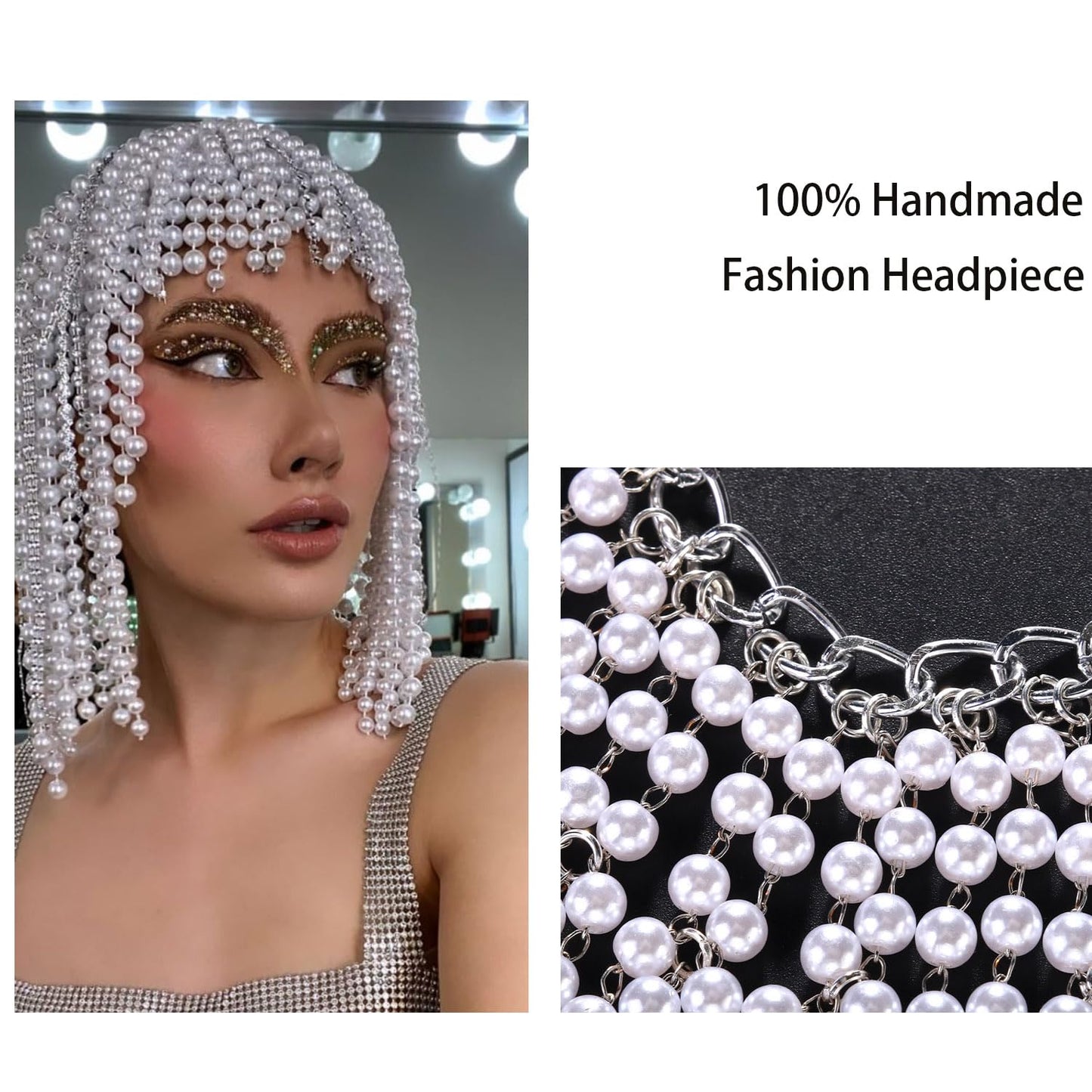 STONEFANS Pearl Headpiece Bridal for Women Roaring 20s Gatsby Pearl Head Chain Jewelry Hair Accessory