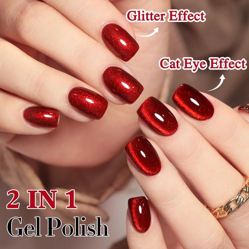 Double Rhythm Cat Eye Gel Polish - 0.5 OZ Holographic Glitter Magnetic Nail Polish | Blood Red