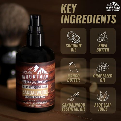 Rocky Mountain Barber Company Aftershave Balm for Men - Soothing Sandalwood & Shea Butter - 4 oz