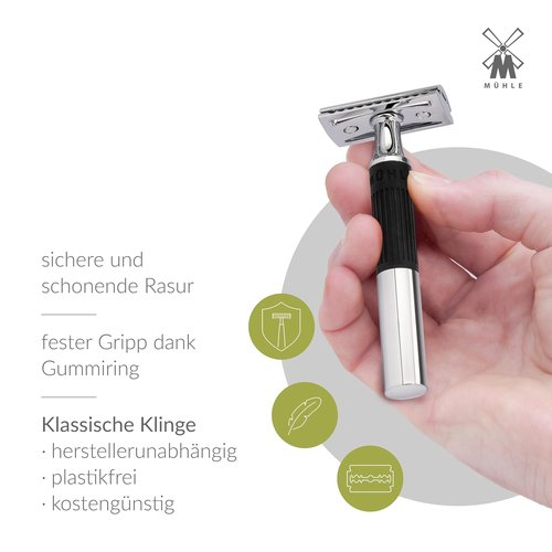 MÜHLE NEO Safety Razor - Double Edge Design for Beginners & Experts | Eco-Friendly Chrome with Black Grip