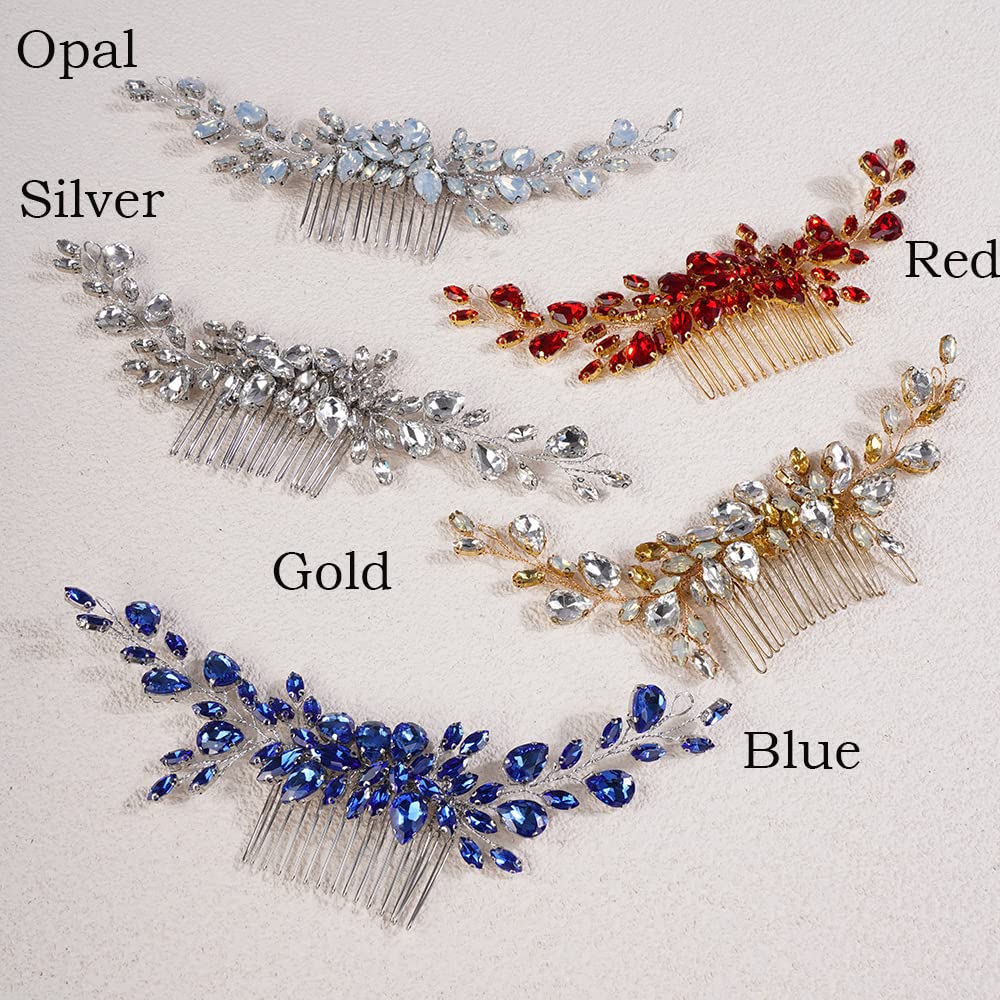 Jumwrit Wedding Hair Comb Rhinestone Teardrop Crystal Hair Comb Handmade Bridal Headpiece Hair Clip Party Hair Accessories for Wedding Bride Bridesmaid（Blue）