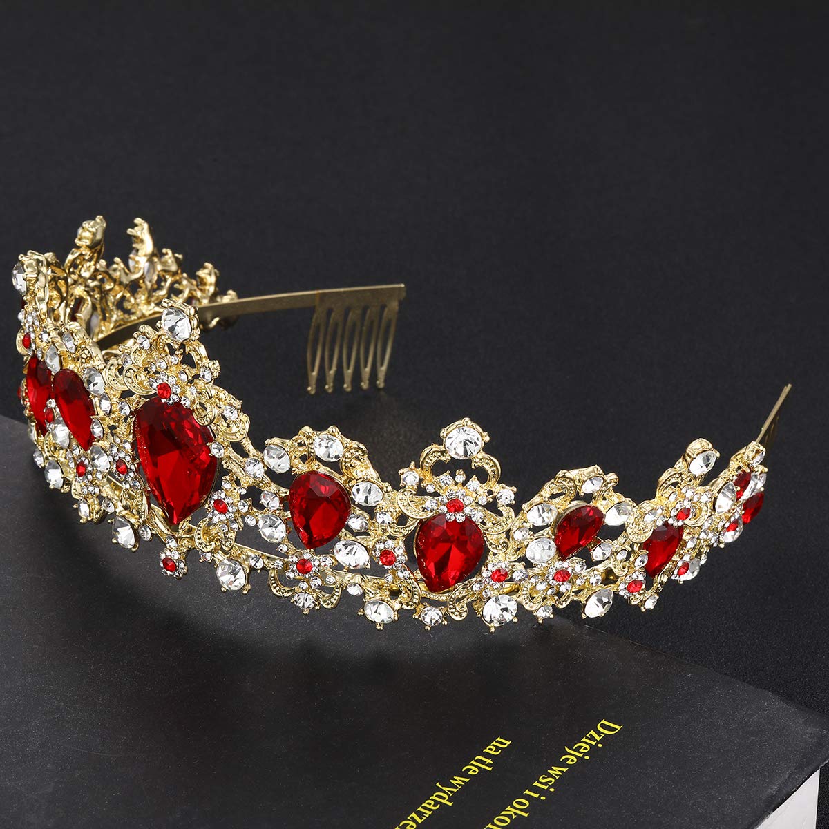 MACOIOR Rhinestone Tiaras and Crowns for Women - Pageant Crown with Comb Crystal Queen Bridal Tiara for Women or Girl Crystal Hair Accessories (Red)