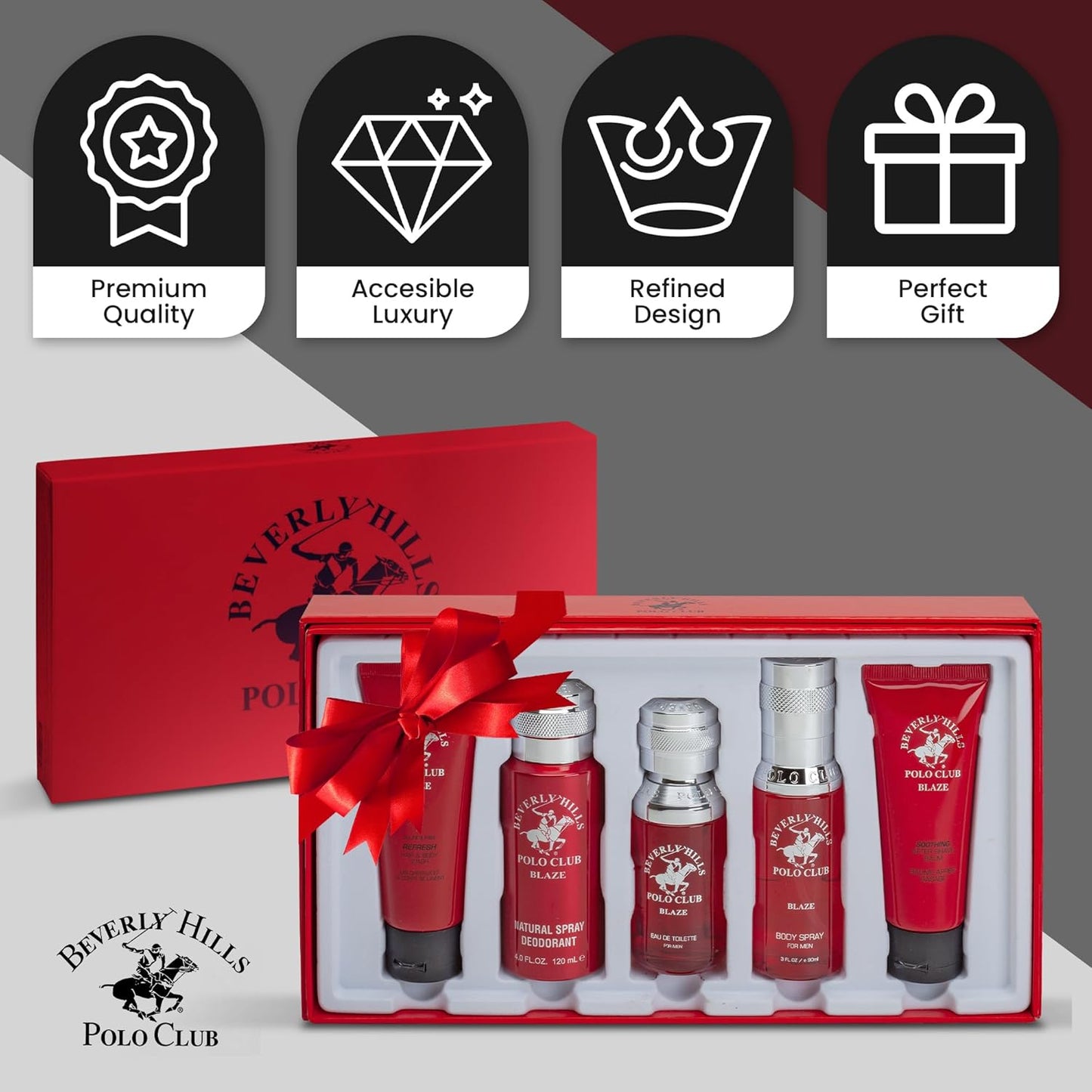 Beverly Hills Polo Club Blaze Men's Cologne Gift Set - 5-Piece Long-Lasting Spicy Woodsy Fragrance Collection